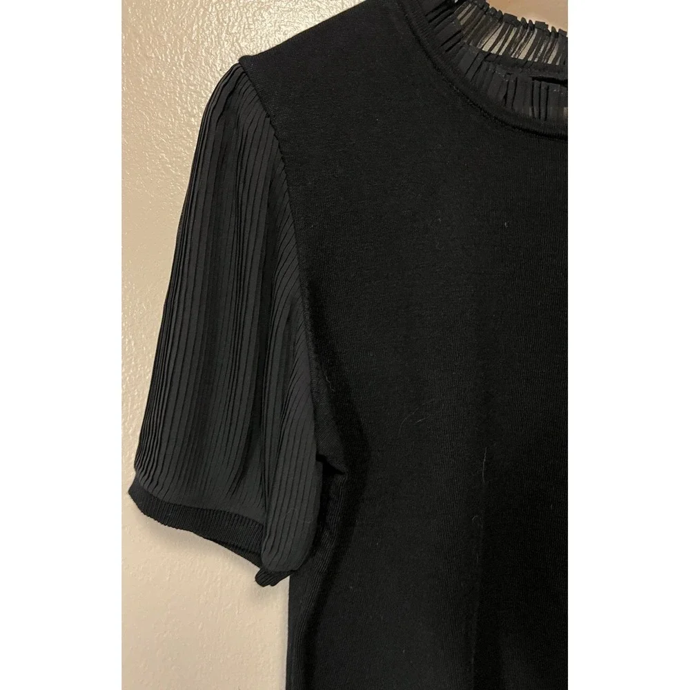 Adrianna Papell Sweater Pleated Short Sleeves and Collar‎ Keyhole Black Size M